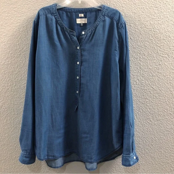 Loft Popover Chambray Linen Blend Soften Tunic Shirt Top - Picture 2 of 8